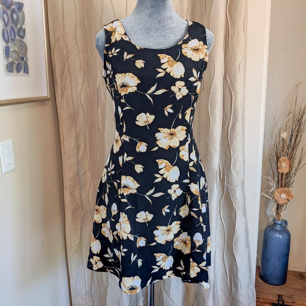 Vintage Black Yellow Floral Mini Dress Sz 7 90s Fit and Flare Grunge Whimsigoth